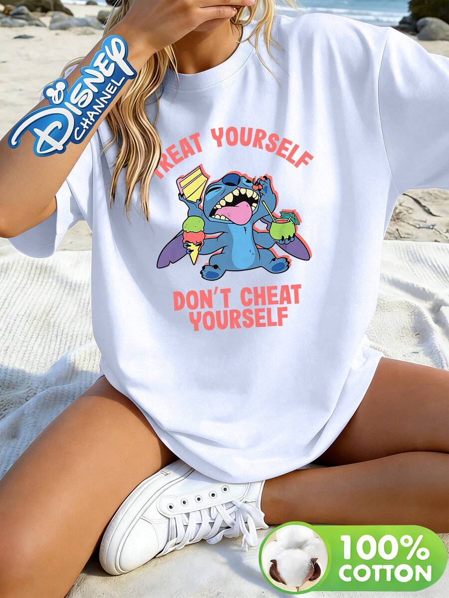Disney Lilo & Stitch "Treat Yourself Don't Cheat Yourself" Quote Print Crew Neck Tee, Funny Food Casual Top - 白色 - 查看 1