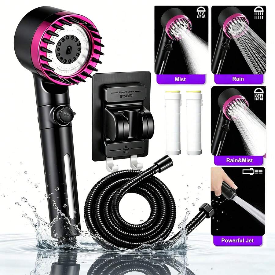 Filtered Shower Head Set - Multiple Spray Modes, Includes 2 Replacement Filter Cartridges, Drill-Free Wall Mount Installation And Flexible Hose, Water-Saving Handheld Shower Head Kit - Shower Head - View 1