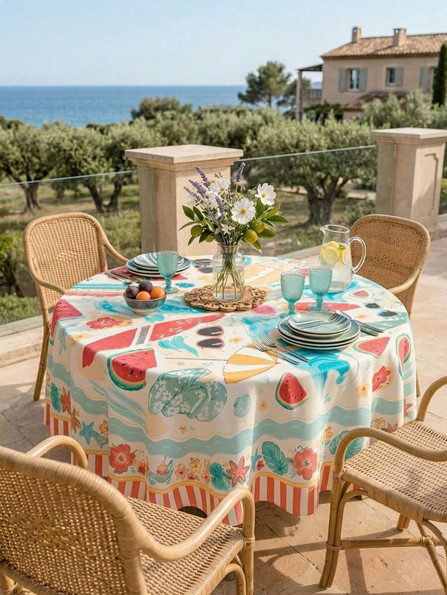 1件夏季海灘西瓜聚酯纖維桌布,熱帶扶桑花海星衝浪板印花桌布,抗皺波浪邊桌布,適用於戶外露台、泳池邊、盧奧派對、後院燒烤、廚房用餐裝飾 - 彩色 - 查看 1