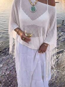 優雅女款春夏時尚休閒度假海灘粉色針織鏤空亮片船領透視套頭上衣白色 - 白色 - 查看 1