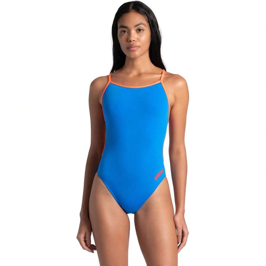 Arena Performance Women's Team Solid Lace Back Swimsuit One Piece Bathing Suit Variant 15 - 藍河/亮珊瑚 - 查看 1