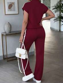 Spring/Autumn Women's New Fashion 2-Piece Casual Set, Colorblock Short Sleeve Top, Spring Break Casual Outfit For Women Summer Elegant - Burgundy + White - View 9