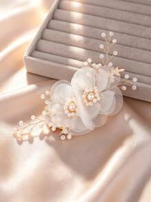 1件裝 絲綢雪紡珠飾合金葉片新娘髮飾 婚禮季盤髮裝飾髮夾 - 白色 - 查看 4