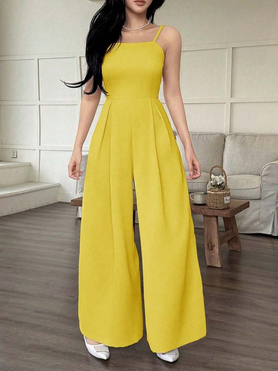 2026 Mono de pierna ancha holgado con pliegues plegados de unicolor para uso casual y diario de verano para mujeres - Amarillo - Ver 1