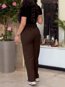 女款棕色聚酯纖維優雅直筒長褲，附口袋與鈕扣拉鍊開合，適合秋季女裝 - 咖啡色 - 查看 3