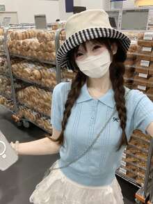 素色蝴蝶結刺繡休閒居家夏季短袖女款針織上衣 - 藍色 - 查看 4