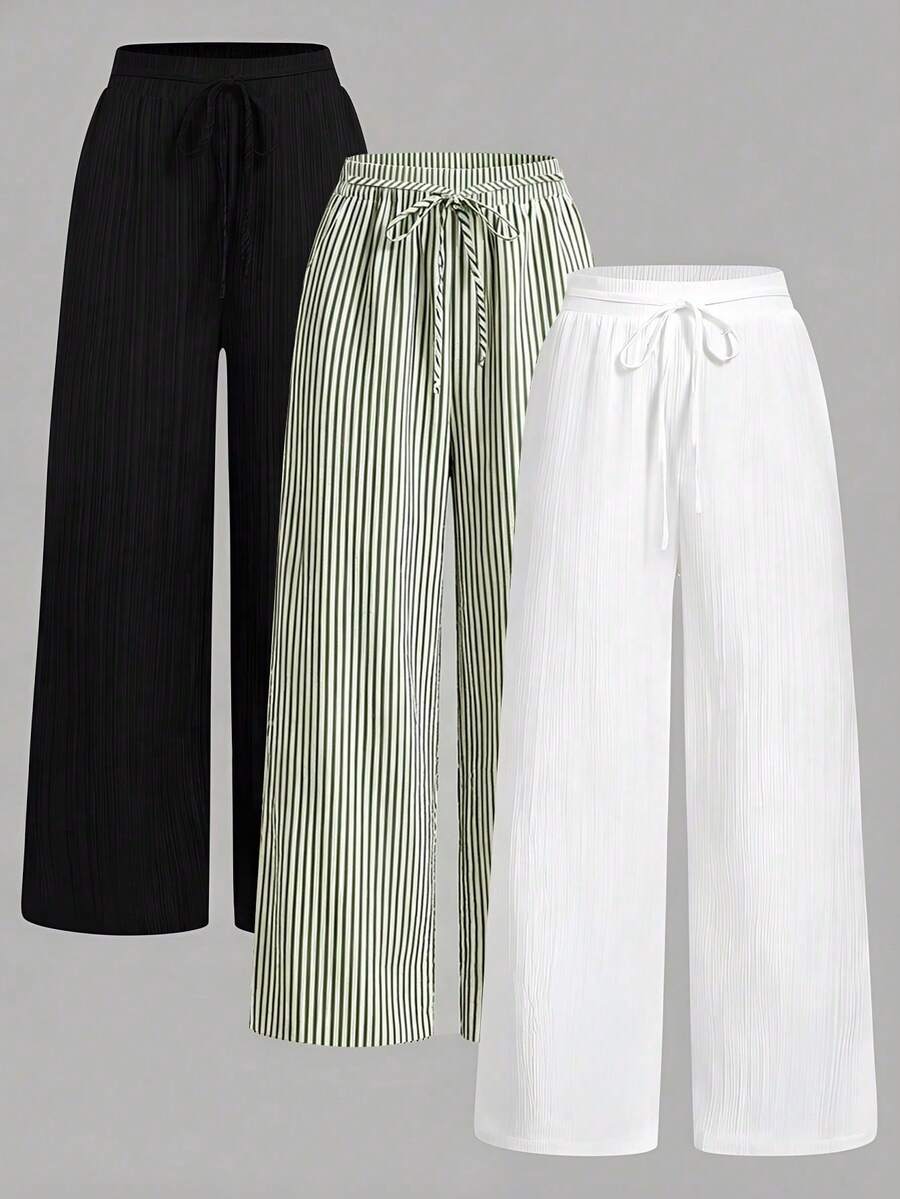 Set Of 3 High-Waisted Loose Straight-Leg Trousers With Drawstring And Pockets, Solid Color And Versatile, Suitable For Spring/Summer - Olive Green - View 1