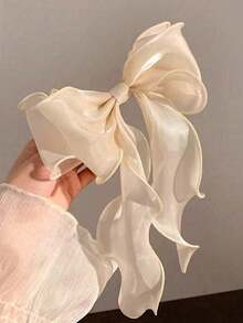 1pc/2pcs Organza Oversized Bow Spring Hair Clip, Cream White Fluffy 3D Long Tail Ribbon, Elegant Fairy-Like Updo Hair Accessory For Women, Sweet Romantic Wedding Party Date Daily Commute Photoshoot - Beige - View 4
