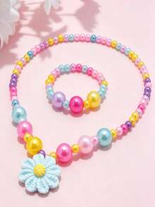 2pcs/Set Girls Cute Flower Pendant Beaded Necklace Bracelet Jewelry Set, Suitable For School, Holiday Party, Birthday Gift, Daily Wear - one-size - View 1