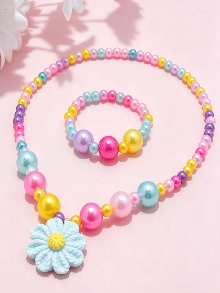 2pcs/Set Girls Cute Flower Pendant Beaded Necklace Bracelet Jewelry Set, Suitable For School, Holiday Party, Birthday Gift, Daily Wear - one-size - View 1