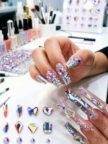 Best-Selling 12-Grid Flat Bottom Irregular Rhinestone Nail Art Decor, Iridescent Mixed Round Glass Rhinestones Nail Accessories - Baby Pink - View 8