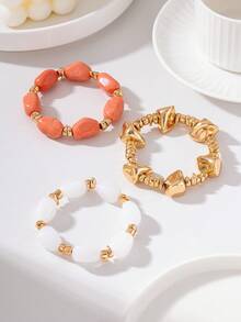 3pcs Pink Resin Beads Bracelet Set - Stackable Gold Tone Asymmetrical Stone Elastic Bracelets, Bohemian Style Stackable Women's Jewelry Gift - Orange-white - View 7