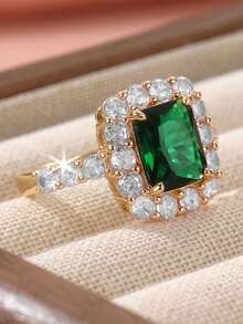 1pc Gold Emerald Gemstone Ring, Rectangular Cut Zirconia Main Stone With Full Diamond Pave Setting, Women's Elegant Statement Jewelry - Gold - View 1