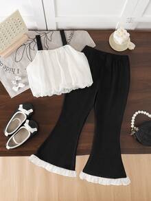 2pcs/Set Girls Summer Back To School Outfit, 4-7 Years Old, Apricot Fashionable Cute Chiffon 3D Floral Short Doll-Style Camisole Top With Elastic Waist, Black Flared Long Pants With Ruffle Hem, Comfortable Soft Casual Commute, Suitable For Spring/Summer Outings, Can Be Given As A Gift - Black - View 4