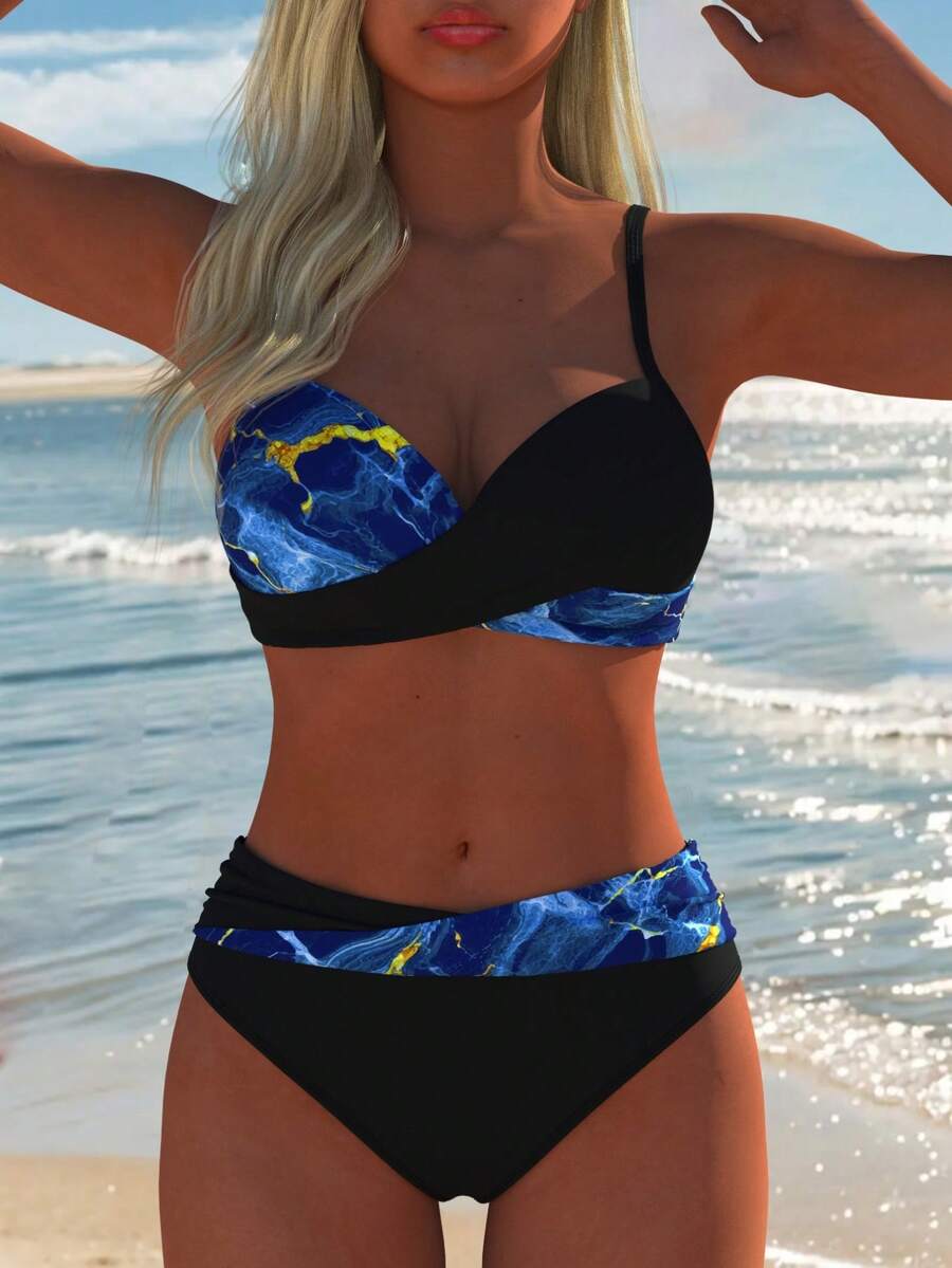 Women's Sexy Bikini Set, Spaghetti Strap Top With Black Abstract Marble Print Bottom, New Holiday Summer Beach Vacation Outfit