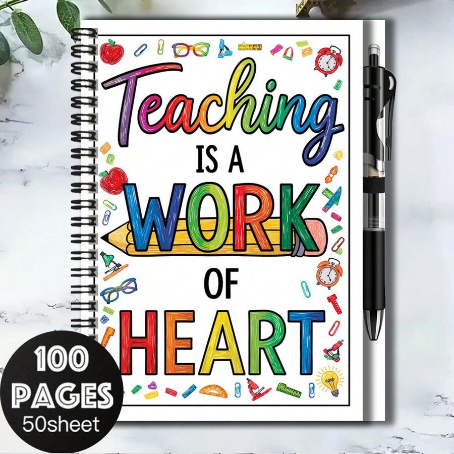 1 Set Back To School/Work & Study Essential! Exquisite 2D Cover Spiral Coil Notebook With Pen, Cover Printed With "Teaching Is A Work Of Heart", Filled With Educational Sentiment. Suitable For Diaries, Daily Planning, Notes, Etc., Graduation Gift, Birthday Gift Choice, 100 Pages To Meet Diverse Writing Needs. - R - View 1