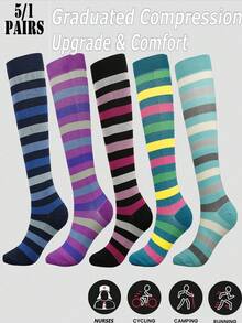 5/1 Pairs Unisex Multi-Color Striped Professional Sports Compression Socks Suitable For Running, Cycling, Hiking, And Long Standing - Multicolor - View 1