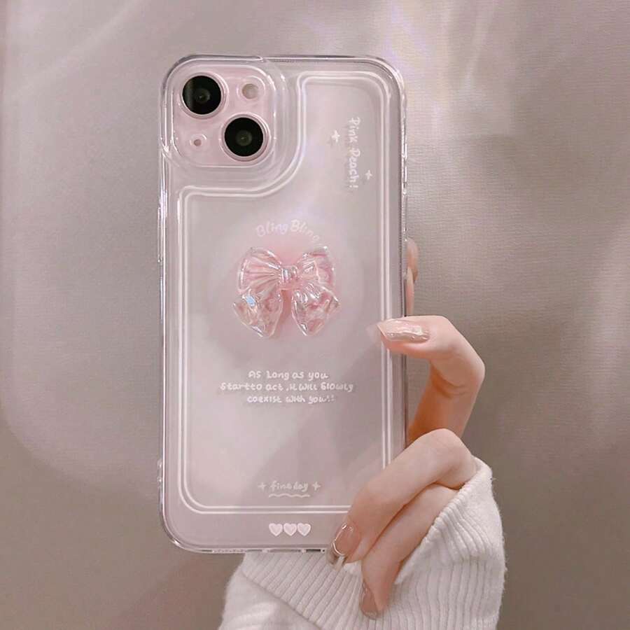 GUCADI Transparent 3D Pink Bow Phone Case Compatible With Apple 18 Pro Max, Honor,
