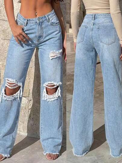 Jean droit en denim délavé clair et usé, convient pour le port décontracté et de fête des femmes, long sans stretch, convient pour le port en été et au printemps.
