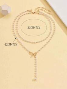 1pc Elegant Y-Shaped Beaded Bow Pendant Necklace, Minimalist Clavicle Chain Accessory For Girl - one-size - View 6