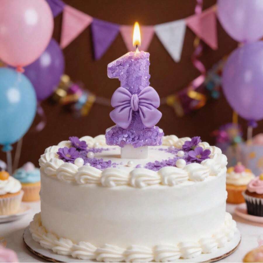 1 pièce Bougie chiffre, Bougie d'anniversaire avec nœud papillon, Décoration de fête à paillettes violettes, Convient pour les fêtes d'anniversaire, les fêtes de vacances, les fêtes à thème et diverses autres occasions - violet pur - Voir 1