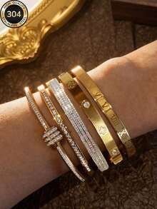 Juego de 5 piezas/Set de pulseras apilables de acero inoxidable chapadas en oro de 18k para mujer, con números romanos y letras griegas grabadas, incrustadas con circonita cúbica, joyería de acero inoxidable resistente al agua, adecuado como regalo de cumpleaños, aniversario y festividades - Oro 6 - Ver 3