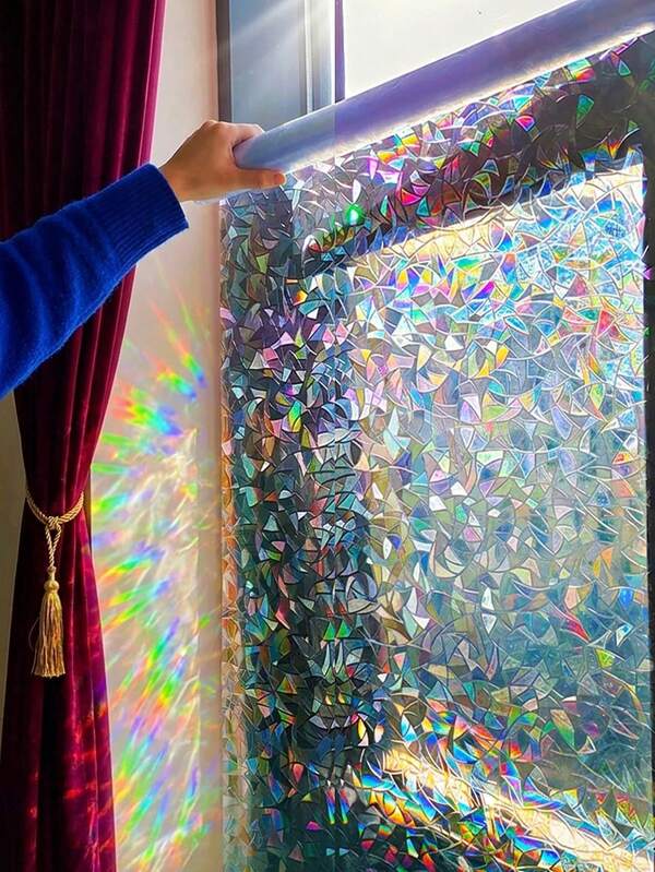 3D Holographic Rainbow Semi Transparent Static Cling Window Film Non Adhesive Removable Decorative For Home Living Room Glass Door
