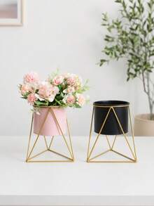 1pc/Set Creative Metal Plant Pot With Gold Geometric Stand, Vintage Style Succulent Planter, Large Desktop Flower Pot, Suitable For Balcony, Living Room, Office, Home Garden Decoration - Multiple Styles - View 10