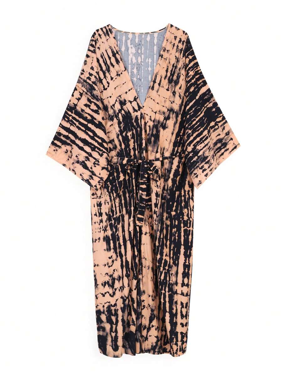 Damen Batik Kaftan Maxi-Kleid mit V-Ausschnitt und Fledermausärmeln, Boho Strand-Bikini-Cover-Up, große Größen, Loungewear für Hochzeit, Urlaub, Frühling und Sommer - Aprikosenfarben - Übersicht 1