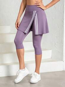 Women's Fashion Side Stripe Split Skirt Leggings, All Season Wear, Women's Tennis Skirt Leggings With Pockets, 7/8 Length Yoga Leggings With Skirt Hem, Suitable For Sports And Casual Wear - Mauve Purple - View 7