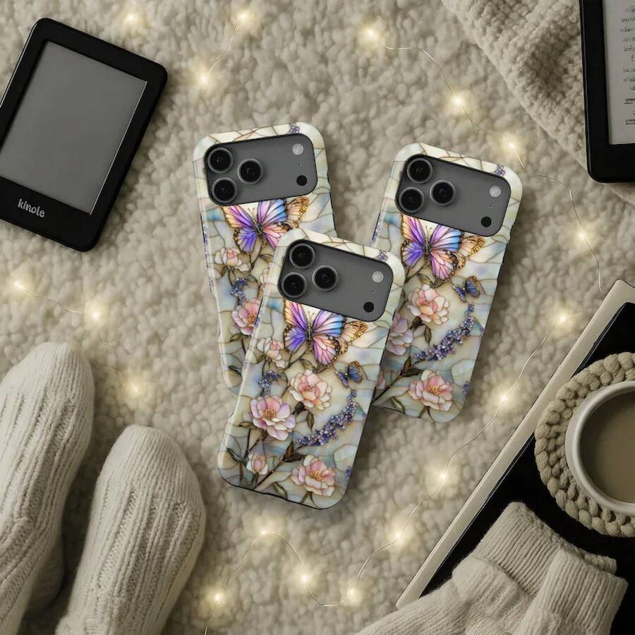 Stained Glass Butterfly & Flowers Design Phone Case For IPhone 11-17, S21-S25 - 淺灰色 - 查看 1