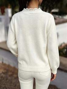 Women's Elegant Lace Patchwork Collar Knitted Cardigan, Suitable For Daily Commute, Casual And Holiday Wear, Autumn/Winter - Cream - View 6