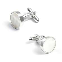 White Acrylic Shell Cufflinks, Men's French Metal Cufflinks - Silver - View 2