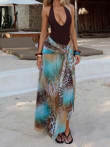 Summer Leopard Snake Zebra Mixed Print Wrap Long Skirt, Asymmetrical Ruffle Tie Waist Sheer Sarong Skirt, Beach Vacation, Date, Valentine's Day, Concert Nightclub Party Outing - Multicolor - View 5