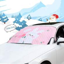Cute Bear Print Car Windshield Cover, All-Season Sun Shade & Snow Cover, Lucky Bear & Tulip Cartoon Pattern, Durable Fabric, Sweet Casual Style, Universal Front Windshield Sun Shade, Frost & Dust Protection, Suitable For All Year Round - A - View 2