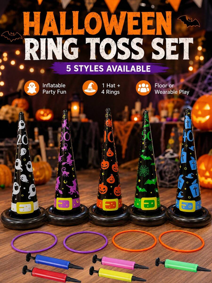 5pcs/1pc Dual-Use Inflatable Witch Hat Ring Toss Game, Wearable On Head And Ground Throwing, Includes 4 Colors Rings And Hand Pump, Halloween Party Classroom Group Game Supplies - Halloween Inflatable Witch Hat Ring Toss - View 1