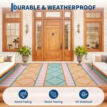 Soonbuy Reversible Plastic Straw Outdoor Rug Waterproof Foldable Washable Leaves Geometry Woven Area Rug For Patio RV Camping Beach Backyard - Orange/Green/Pink/White- 8*10ft - View 2