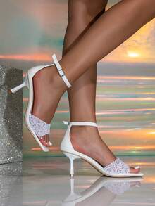 Sexy Rhinestone High Heel Sandals Square Toe Stiletto Heel Buckle Open Toe Evening Shoes For Women - White - View 5