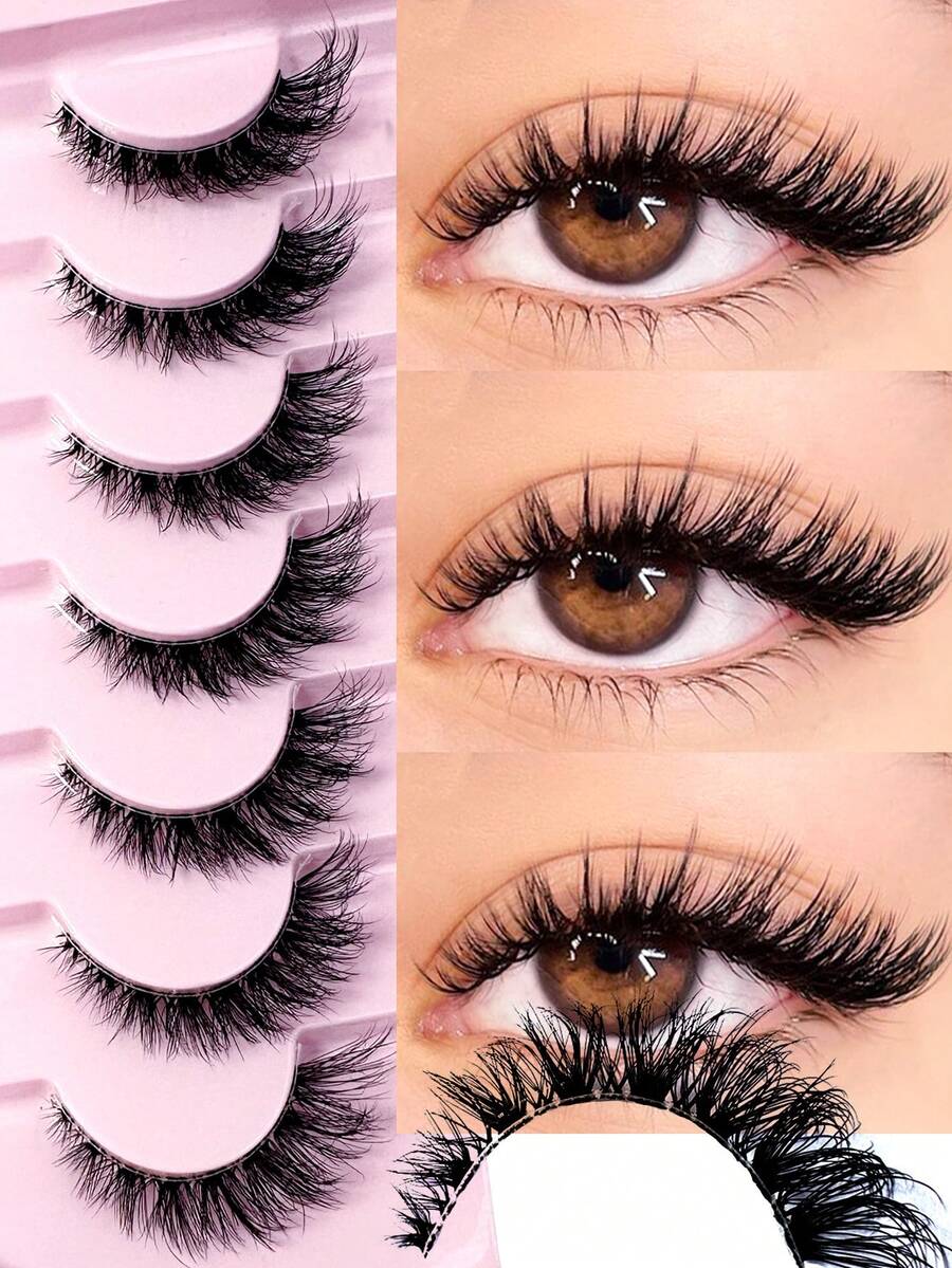 New 7 Pairs Short Natural Soft Fluffy False Eyelashes, Criss-Cross Faux Mink Lashes, 3D Cat Eye Design With Transparent Band, Suitable For Beginners And Daily Wear - 眼尾拉長款 - 查看 1