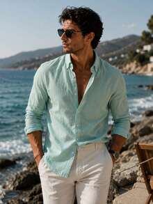 100% Cotton Linen, Breathable, Lightweight, Button-Down Collar, Men's Linen Shirt - Mint Blue - View 3