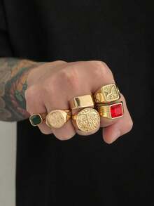 6 piezas Anillos de metal geométricos vintage hip hop, incrustados con diamantes de imitación de acrílico multicolor, joyería encantadora personalizada, para usar en festivales de música y fiestas, anillos para hombres - Amarillo Oro - Ver 8