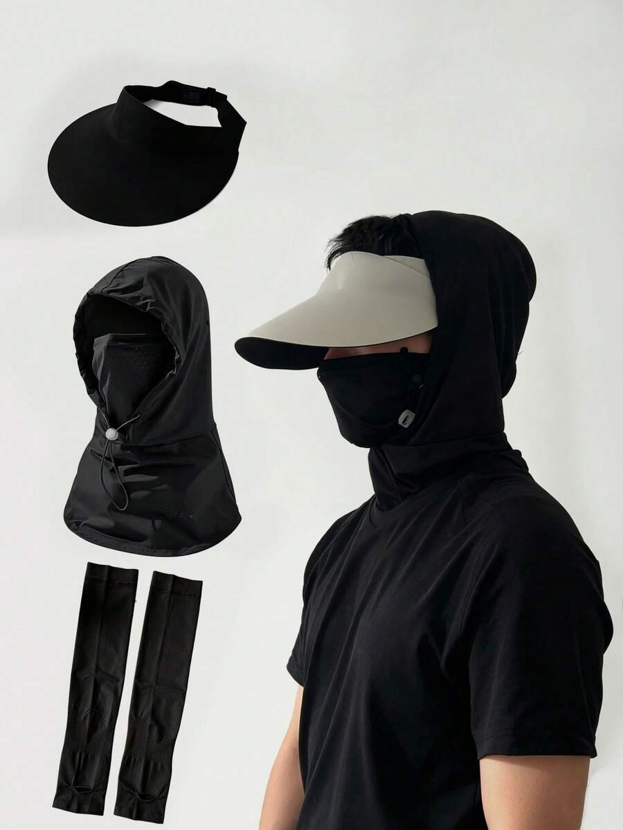 防曬面罩套組,無縫防曬帽,開頂帽,手臂套,連帽面罩套組,全方位防曬,男女通用,女款馬尾孔防曬帽,適合夏季,摩托車頭盔套,開車使用 - 彩色 - 查看 1
