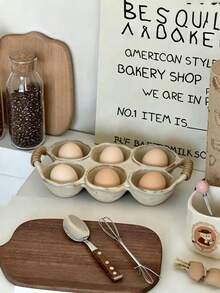 1pc Vintage Distressed Rope Handle 6-Slot Ceramic Egg Storage Tray, Rustic Coarse Pottery Egg Freshness Tray, Home Refrigerator Kitchen Egg Storage Rack, Ins Japanese Style Baking Platter Tableware Breakfast Storage Decor Soft Furnishing Gift Container, Fresh Egg Storage, Kitchen Tabletop Decoration, Viral Same-Style Daily Kitchenware - Multicolor - View 12
