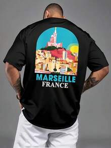 Lässiges Herren-Sommer-T-Shirt mit französischem Motiv – Aufdruck mit Buchstaben und Denkmälern Frankreichs, leichtes Kurzarm-Shirt mit Rundhalsausschnitt in hellrosa Farben - Schwarz - Übersicht 3