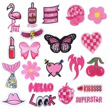 21pcs Pink Bow Embroidery Applique Patches, Heart, Cherry, Five-Pointed Star Multiple Styles Pink Series Patch Embroidery Set, Clothing Garment Decoration, Backpack Shoes Boots DIY Embroidery Patches - 21 Pink-themed - View 13
