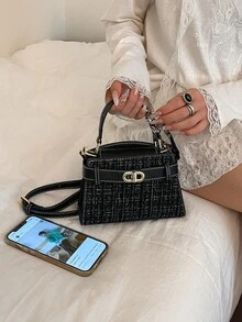 時尚高端女款手提包，精緻金屬配件裝飾，可調節肩帶單肩/斜跨包 - 黑色 - 查看 6