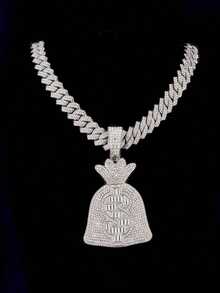 男士水鑽錢袋美金符號吊墜項鍊，合金邁阿密鏈嘻哈亮面飾品，適合日常街頭穿搭 - 美元錢袋子吊墜 - 查看 18