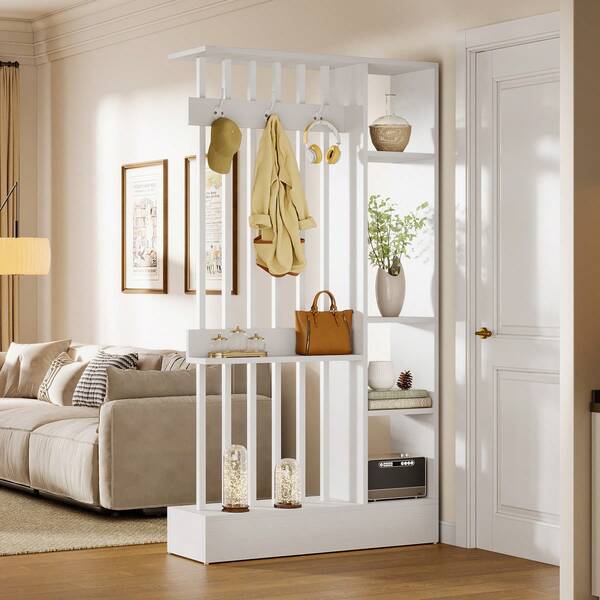 LITTLE TREE Biombo de pared, librería independiente de madera con estantes y perchero, 180 cm, moderno biombo decorativo para hogar y oficina, color marrón