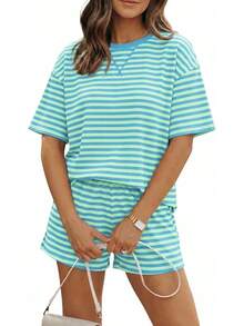 MARZXIN Women 2 Piece Shorts Set 2026 Casual Summer Cruise Outfits Ribbed Loose Short Sleeve Pocket Matching Lounge Sets - Blue Green Stripe - View 3