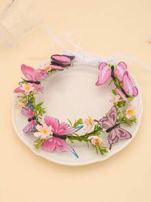 1pc Pink Butterfly Floral Wreath Headband, Bohemian Fairy Flower Crown Hair Accessory For Bride, Bridesmaid, Beach Vacation (Random Butterfly Floral Pattern) - Multicolor - View 2